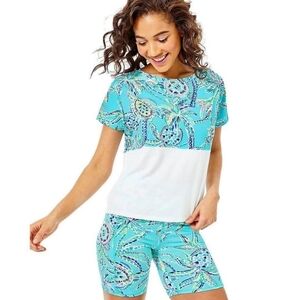 Lilly Pulitzer Shirt Womens S Crop Top Bermuda Blue Turtle Print Dolman Sleeve‎